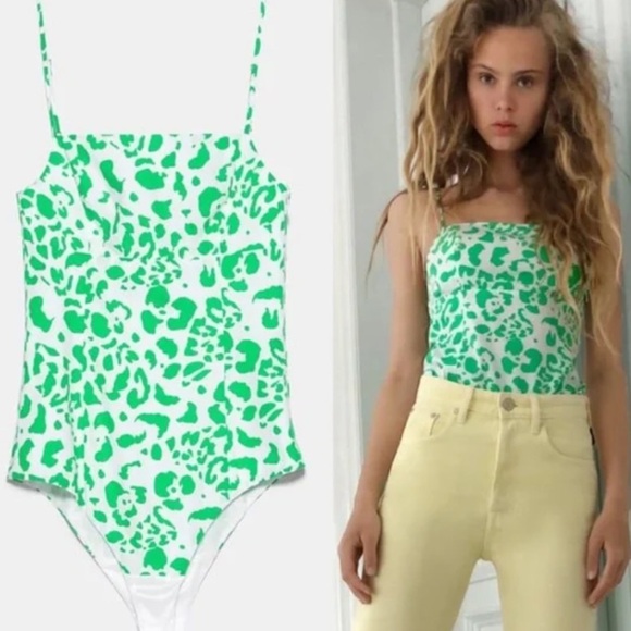 Zara Green Animal Print Poplin Straight Neck Cami Bodysuit size Small - Picture 1 of 5